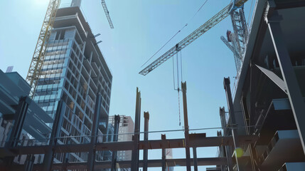 Construction site cranes building steel beams urban development architecture blue sky scaffolding workers city infrastructure modern high rise construction equipment progress industrial skyline