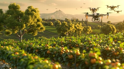 Aufkleber - Drones and sensors operate in a high-tech farm, optimizing crop health and agricultural efficiency during a sunset. Generative AI
