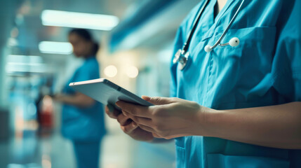 Close up of a female doctor or nurse using a digital tablet in a hospital