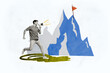 © deagreez - Creative collage young man loudspeaker talk announce information mountain rock destination flag top finish drawing background