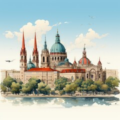 Wall Mural - Minimalistic Vector Illustration of Budapest’s Iconic Landmarks and Cityscape