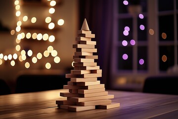 Photo of the wooden jenga blocks arranged in a shape of cone resembling christmas tree, standing in a wooden table. Night scene with golden and purple bokeh lights at the background. DIY, creativity.