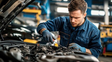 auto mechanic working on car engine in auto repair shop, service and maintenance concept