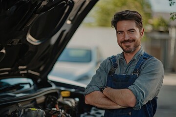 Handsome smiling mechanic standing with crossed arms in auto repair shop