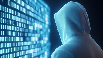 Anonymous figure in a hoodie in front of a screen filled with programming code, dark room with glowing blue light, representing cybersecurity or hacking