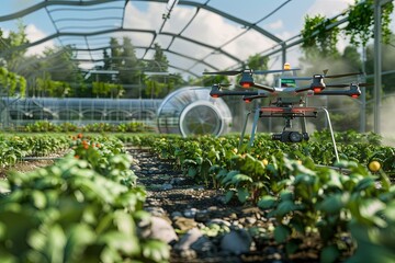 Aufkleber - Drones and sensors monitor crops in a high-tech farm, enhancing agricultural efficiency through advanced AI technologies. Generative AI