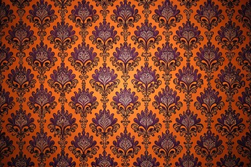 Symmetrical orange wallpaper design with purple and black accents