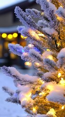 Wall Mural - winter evening lights on -covered spruce branches