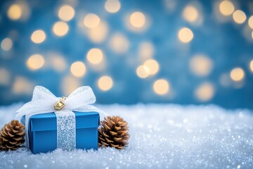 Wall Mural - festive blue gift box with glittering background