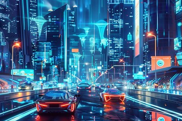 Fototapete - A vibrant city illuminated by neon lights showcases autonomous vehicles, smart traffic systems, and various flying drones hovering above. Generative AI