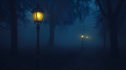 A dark forest with a path lit by three street lamps. The lamps are yellow and the night is foggy