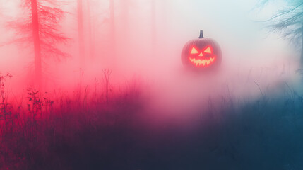 A pumpkin with a scary face is in a forest. The forest is foggy and the pumpkin is glowing