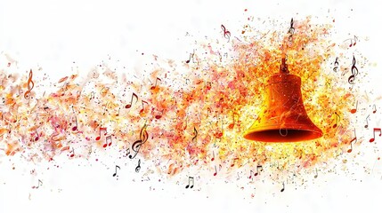 A golden bell explodes into fiery musical notes, creating a dynamic and colorful spectacle that symbolizes energy and artistic expression in an abstract form.