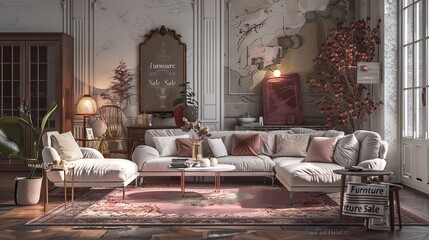 Poster - A beautifully designed living room showcases elegant furniture and decor pieces, all prominently marked for a furniture sale event. Generative AI