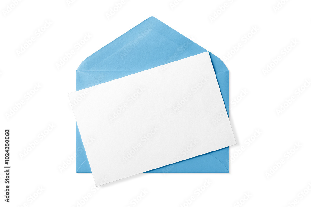 Opened blue paper envelope mockup with paper sheet isolated on a ...