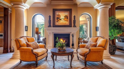 Two elegant accent chairs near a fireplace, surrounded by columns and an arch ceiling, capturing a luxurious art deco living room design.