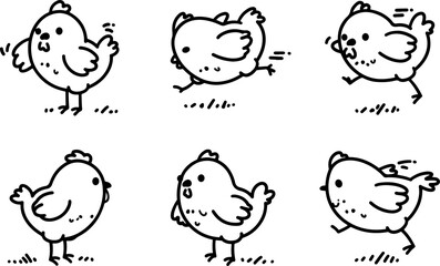 Wall Mural - set of cute cartoon chicks in different poses, hand-drawn in line art style. vector illustration iso