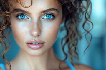 Wall Mural - Striking Portrait of Curly-Haired Woman with Intense Blue Eyes