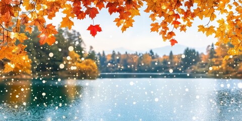 Autumn landscape with falling leaves serene lake