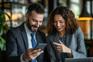 two business professionals, a man and a woman, are reviewing information on a smartphone