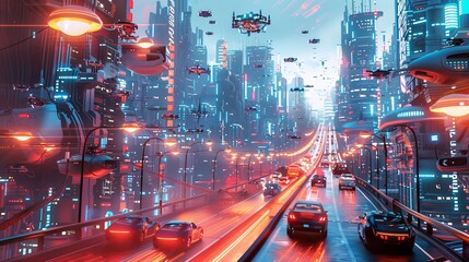 Aufkleber - In a bustling city at night, self-driving cars navigate intelligent traffic lights while drones zip overhead, creating a high-tech atmosphere. Generative AI