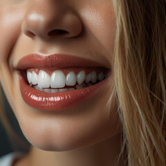 Close-up of smiling woman's lips and mouth showing perfect white teeth