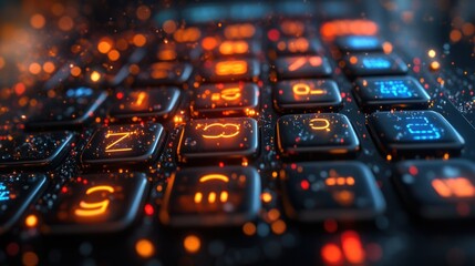 Close-up shot of a futuristic keyboard with glowing keys and bokeh effect.