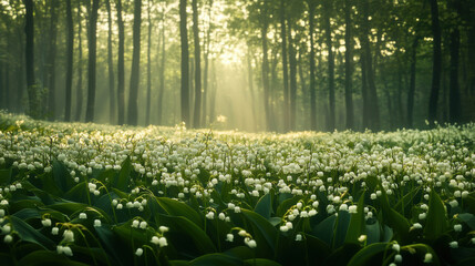 a field of lily of the valley in full bloom with soft, diffused light