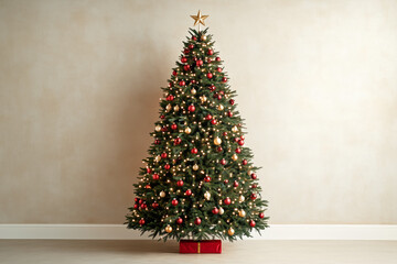 Christmas tree adorned with red and gold ornaments and lights. Yellow background. Concept of festive holiday decoration