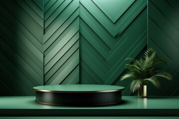 Poster - Green Geometric Background with Podium and Plant