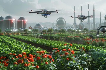 Aufkleber - Drones and robots monitor and optimize crop growth on a high-tech farm, enhancing agricultural efficiency through advanced technology. Generative AI