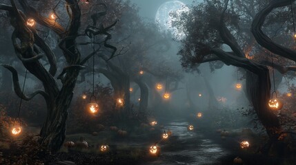 Wall Mural - a fog-covered haunted forest with twisted trees, flickering lanterns hanging from branches, and glow