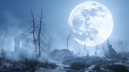 Wall Mural - a full moon shining over a barren landscape with skeletal trees and crumbling ruins. a thick mist cl