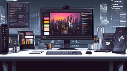 Modern designer's workplace with computer screens showing a city skyline and graphic design software.