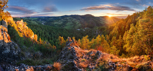 Poster - Sunset in nice mountain with sun, forest and rocks in Slovakia, summer landscape panorama - Hricov