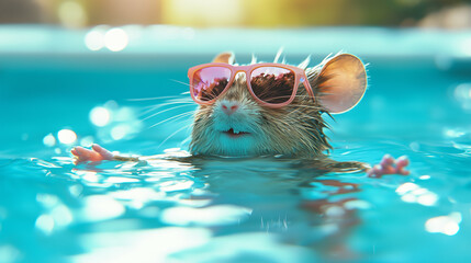 A cute mouse wearing sunglasses floats in a swimming pool.