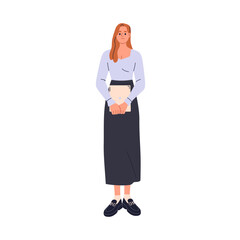 Office worker in moder fashion outfit. Female student standing. Business woman in stylish attire, long skirt. Professional, girl employee. Flat vector illustration isolated on white background