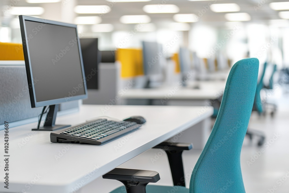 Modern office workspace with computer and ergonomic chair, bright and ...