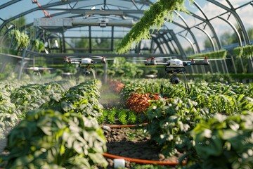 Aufkleber - Drones and sensors actively monitor crops in a high-tech greenhouse, enhancing agricultural efficiency and productivity. Generative AI