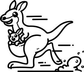 Wall Mural - cartoon kangaroo with baby in a marsupial, hand drawn in line art style. vector illustration, isolat