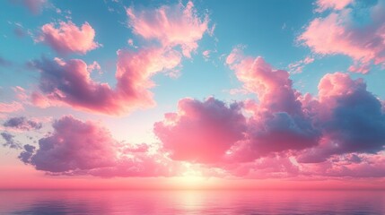 Wall Mural - a vibrant sunset over a calm ocean with pink and blue hues in the sky and fluffy clouds.