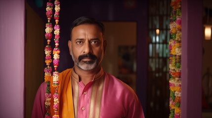 A middle-aged Indian man dressed in bright traditional attire gazes seriously, surrounded by colorful floral decorations, creating a festive atmosphere, copy space