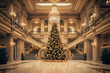 A beautifully decorated Christmas tree stands in an opulent hall with a grand staircase. Concept of luxury holiday decor