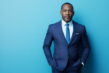 portrait of confident black man wearing blue suit and light shirt standing against vibrant blue back