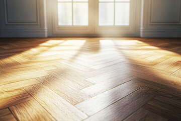 Hallway with natural wood herringbone parquet flooring. Minimalistic interior with sunlight streaming through large window and hardwood flooring in living room