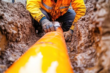 A close-up view of a worker in an orange jacket kneeling in a narrow trench, securing a large