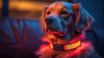 Wall Mural - A golden retriever dog with a glowing collar, sitting on a couch.