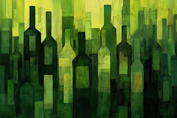 A painting of many green bottles with a green background