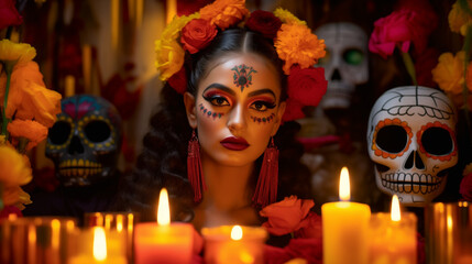 A young Mexican woman sits among colorful flowers and candles, showcasing traditional makeup for Día de los Muertos. The atmosphere is festive and meaningful, copy space