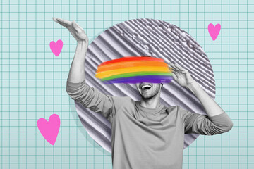 Canvas Print - Composite trend artwork sketch image photo collage of love rainbow coming out lgbt lesbian gay young guy hand gesture dance eye cover